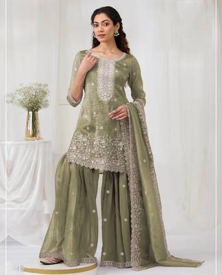 Mehendi embroidered faux glass tissue salwar suit 1