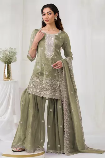 Mehendi color embroideried faux glass tissue salwar suit
