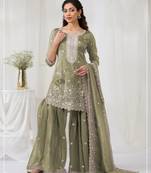 Mehendi color embroideried faux glass tissue salwar suit