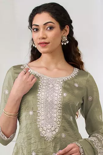 Mehendi embroidered faux glass tissue salwar suit