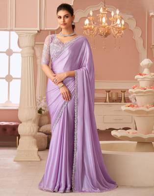 Lavendor chiffon silk with embroidery & banglori silk unstitched blouse   designer saree for festive wear 1