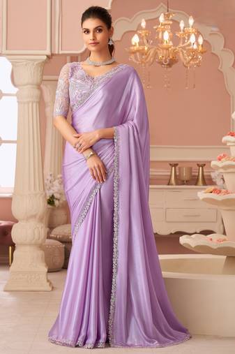 Lavendor chiffon silk with embroidery & banglori silk unstitched blouse – designer saree for festive wear