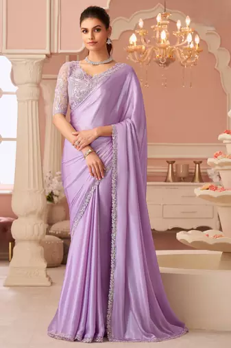 Lavendor chiffon silk with embroidery & banglori silk unstitched blouse – designer saree for festive wear