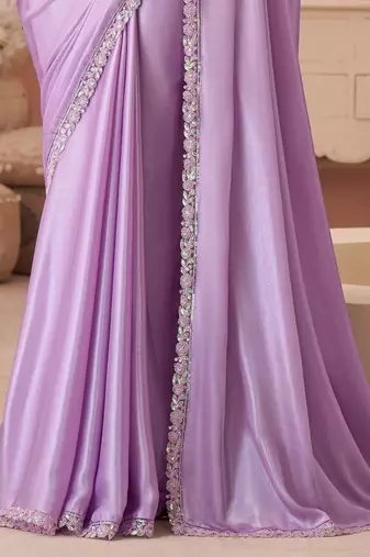 Lavendor chiffon silk blend with embroidery & banglori silk blend unstitched blouse saree for festive wear
