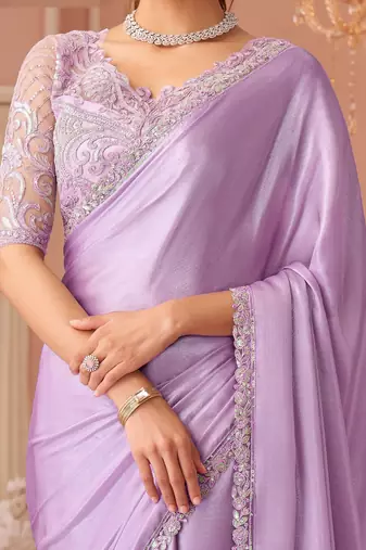 Lavendor chiffon silk blend with embroidery & banglori silk blend unstitched blouse saree for festive wear