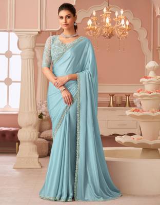 Skyblue rainbow chiffon silk with embroidery & banglori silk unstitched blouse   designer saree for festive wear 1