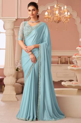 Skyblue rainbow chiffon silk with embroidery & banglori silk unstitched blouse – designer saree for festive wear