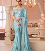 Skyblue rainbow chiffon silk with embroidery & banglori silk unstitched blouse   designer saree for festive wear