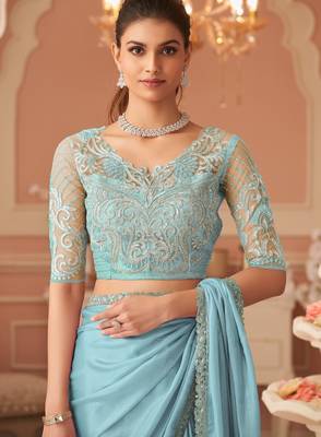 Skyblue rainbow chiffon silk with embroidery & banglori silk unstitched blouse   designer saree for festive wear 2