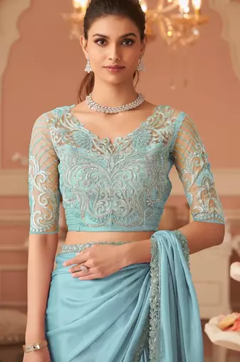 Skyblue rainbow chiffon silk blend with embroidery & banglori silk blend unstitched blouse saree for festive wear