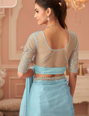 Skyblue rainbow chiffon silk with embroidery & banglori silk unstitched blouse   designer saree for festive wear 3