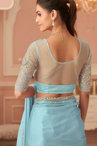 Skyblue rainbow chiffon silk blend with embroidery & banglori silk blend unstitched blouse saree for festive wear