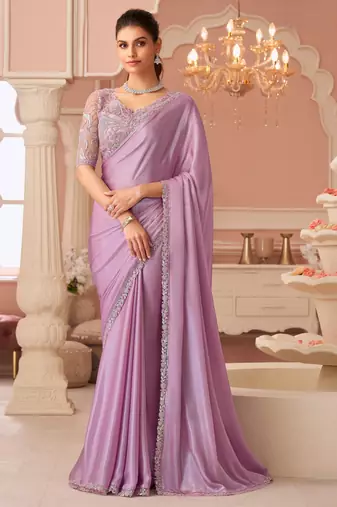 Purple rainbow chiffon silk with embroidery & banglori silk unstitched blouse – designer saree for festive wear