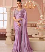 Purple rainbow chiffon silk with embroidery & banglori silk unstitched blouse   designer saree for festive wear