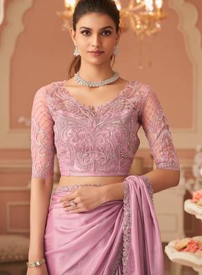 Purple rainbow chiffon silk with embroidery & banglori silk unstitched blouse   designer saree for festive wear 2