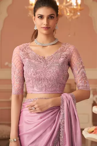 Purple rainbow chiffon silk blend with embroidery & banglori silk blend unstitched blouse saree for festive wear