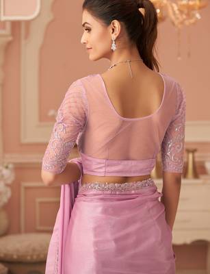 Purple rainbow chiffon silk with embroidery & banglori silk unstitched blouse   designer saree for festive wear 3