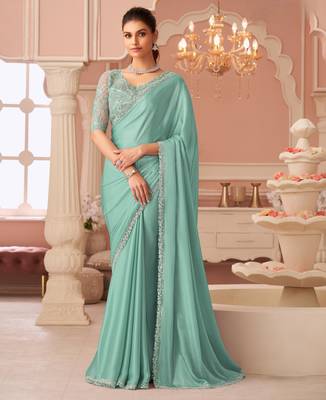 Seagreen rainbow chiffon silkwith embroidery & banglori silk unstitched blouse   designer saree for festive wear 1