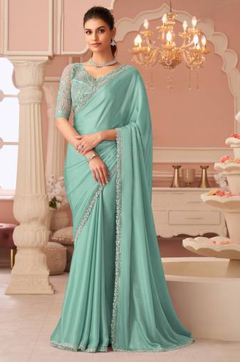 Seagreen rainbow chiffon silkwith embroidery & banglori silk unstitched blouse – designer saree for festive wear