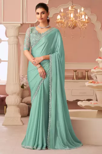 Seagreen rainbow chiffon silkwith embroidery & banglori silk unstitched blouse – designer saree for festive wear