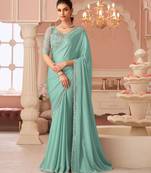 Seagreen rainbow chiffon silkwith embroidery & banglori silk unstitched blouse   designer saree for festive wear