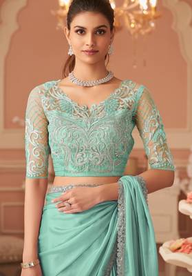 Seagreen rainbow chiffon silkwith embroidery & banglori silk unstitched blouse   designer saree for festive wear 2