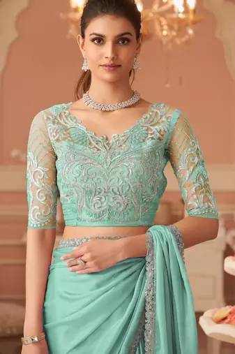 Seagreen rainbow chiffon silk blendwith embroidery & banglori silk blend unstitched blouse saree for festive wear