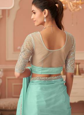 Seagreen rainbow chiffon silkwith embroidery & banglori silk unstitched blouse   designer saree for festive wear 3