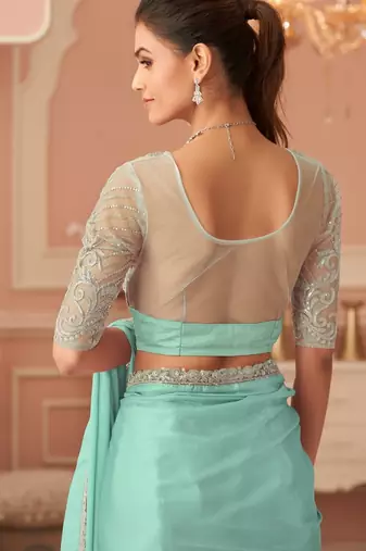 Seagreen rainbow chiffon silk blendwith embroidery & banglori silk blend unstitched blouse saree for festive wear