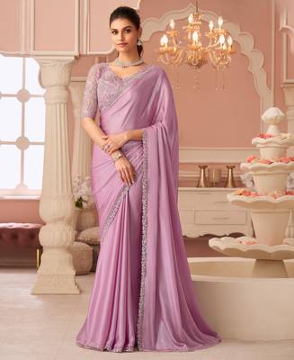 Pink rainbow chiffon silk with embroidery & banglori silk unstitched blouse   designer saree for festive wear 1