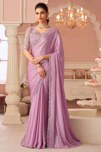 Pink rainbow chiffon silk with embroidery & banglori silk unstitched blouse – designer saree for festive wear