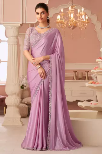 Pink rainbow chiffon silk with embroidery & banglori silk unstitched blouse – designer saree for festive wear