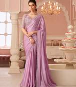 Pink rainbow chiffon silk with embroidery & banglori silk unstitched blouse   designer saree for festive wear