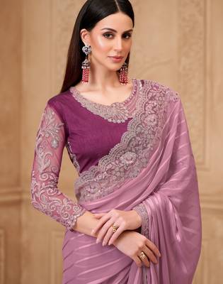 Onion satin georgette pattern saree with tussar silk blend blouse 2