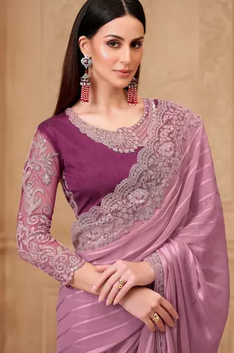 Onion satin georgette pattern saree with tussar silk blend blouse