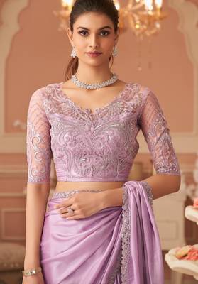 Pink rainbow chiffon silk with embroidery & banglori silk unstitched blouse   designer saree for festive wear 2