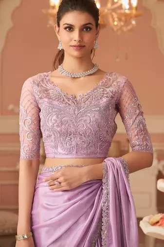 Pink rainbow chiffon silk blend with embroidery & banglori silk blend unstitched blouse saree for festive wear