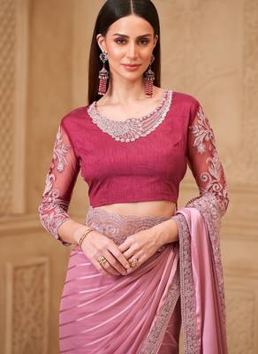 Onion satin georgette pattern saree with tussar silk blend blouse 3