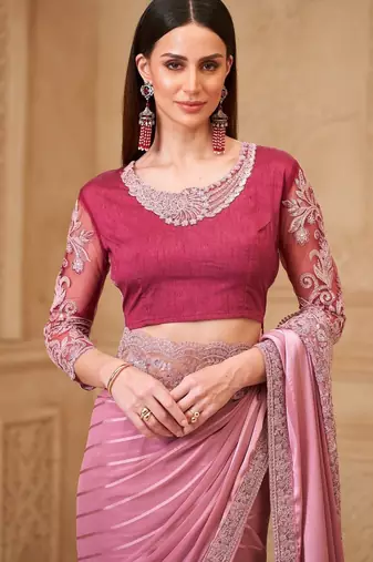 Onion satin georgette pattern saree with tussar silk blend blouse