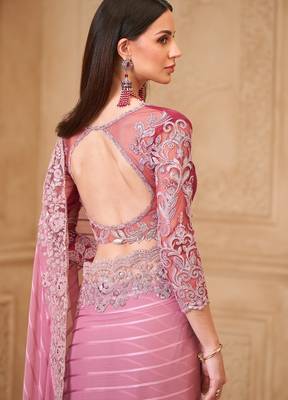 Onion satin georgette pattern saree with tussar silk blend blouse 4