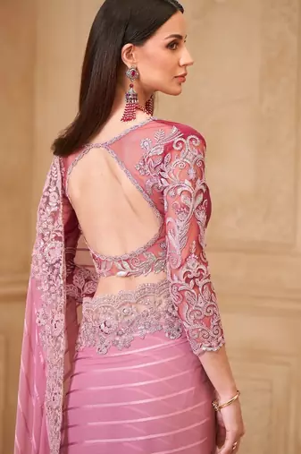 Onion satin georgette pattern saree with tussar silk blend blouse