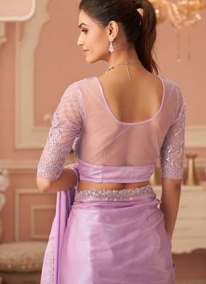 Pink rainbow chiffon silk with embroidery & banglori silk unstitched blouse   designer saree for festive wear 3