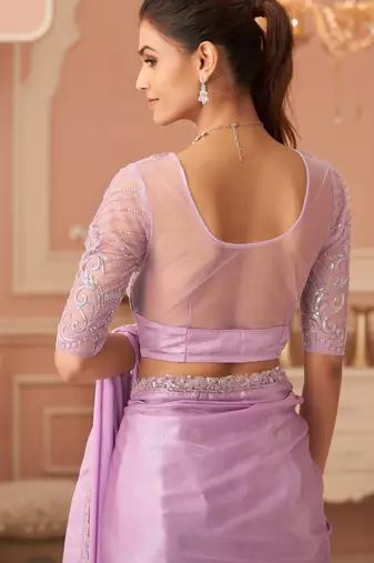 Pink rainbow chiffon silk blend with embroidery & banglori silk blend unstitched blouse saree for festive wear