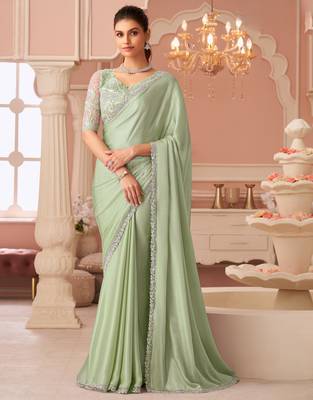 Light green rainbow chiffon silk with embroidery & banglori silk unstitched blouse   designer saree for festive wear 1