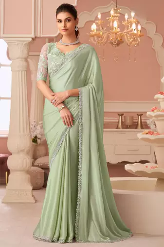 Light green rainbow chiffon silk with embroidery & banglori silk unstitched blouse – designer saree for festive wear