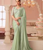 Light green rainbow chiffon silk with embroidery & banglori silk unstitched blouse   designer saree for festive wear