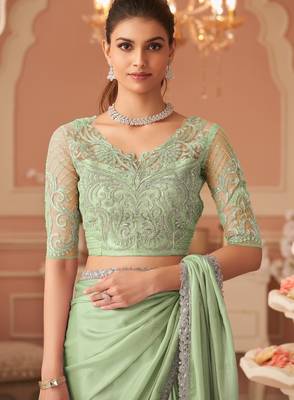 Light green rainbow chiffon silk with embroidery & banglori silk unstitched blouse   designer saree for festive wear 2