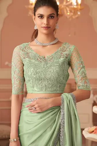Light green rainbow chiffon silk blend with embroidery & banglori silk blend unstitched blouse saree for festive wear