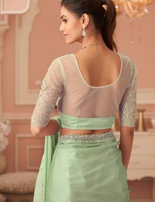 Light green rainbow chiffon silk with embroidery & banglori silk unstitched blouse   designer saree for festive wear 3