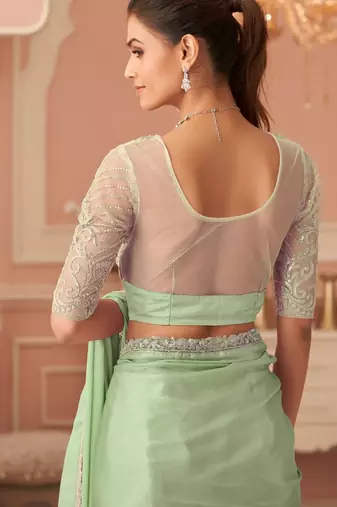 Light green rainbow chiffon silk blend with embroidery & banglori silk blend unstitched blouse saree for festive wear